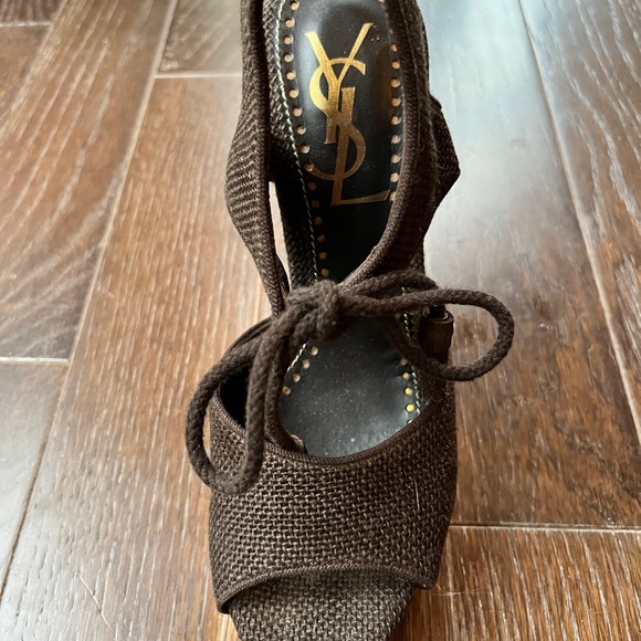 YVES SAINT LAURENT CANVAS WEDGE SANDALS BROWN 38 - Picture 10 of 12